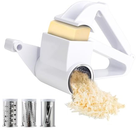 Demarsen Grattugia per formaggio, parmigiano con manovella, affettatrice per verdure con 3 lame intercambiabili, grattugia a tamburo per tagliare in modo semplice e veloce, ideale per formaggi, noci,