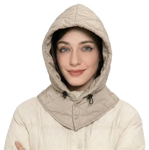 ZLYC Women Windproof Winter Hats Down Hooded Scarf Balaclava Beanie Warm Skull Cap(Solid Beige),One Size