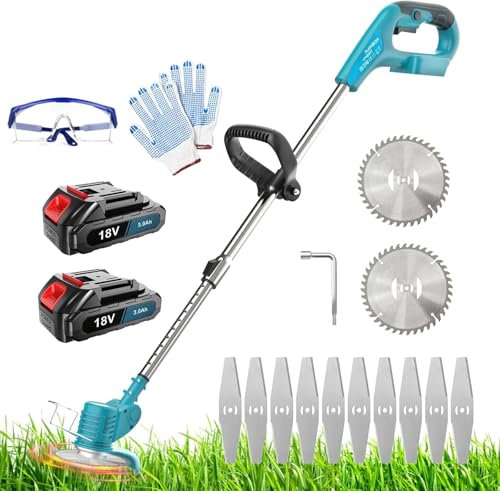 Rasentrimmer mit Akku, Freischneider mit Unkrautbürste, Rasentrimmer mit Unkrautbürste, Motorsense Akku mit 2X 3.0Ah Akku & Ladegerät, 750W Bürstenloser Motor