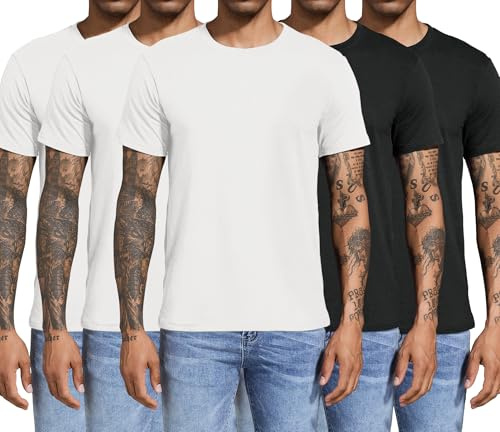Boyzn Män 3 eller 4-pack bomulls-t-shirts, kortärmad rund hals sportt-shirts, bomull gym träning löpning tröjor för män, 5-pack-2 svart/3 vit, S