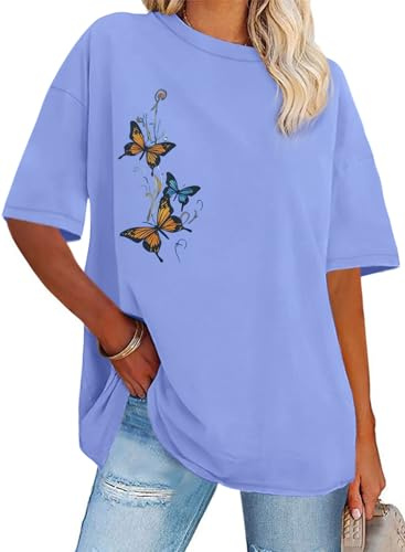 Oversized T Shirts For Women Loose Printed Tshirts(Blue Butterfly,2XL)