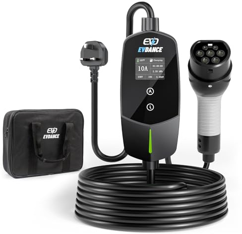 EVDANCE Cable de carga EV tipo 2 a 3 pines, 10 m [6-10 A], cargador de coche eléctrico portátil ajustable de corriente con retardo de 0 a 12 horas, IP66, cable de carga tipo 2 para EV y PHEV, color