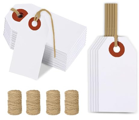 200 Pcs 70x35mm Large White Price Tags with String Attached, Paper String Tags for Pricing, Reinforced Hole Labels for Labeling Gift Clothing Inventory