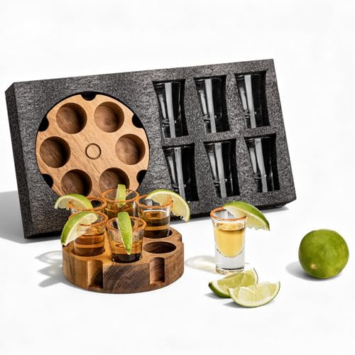 SUN GKOTTA Shot Glass Set Of 6,Tequila Glasses With Wooden Holder-Small Clear Shots For Restaurant,Bar,Party(Rustic Burnt Deluxe)