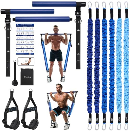 ALongSong Barra de Pilates para el Hogar con 6 Bandas de Resistencia de TPE de 20/40/60LBS, Correa de Tobillo 2 en 1, Guía de Ejercicios y Anclaje para Puerta para Entrenamiento de Cuerpo Completo en