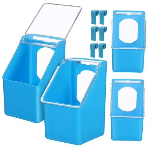 FRCOLOR 4 Piezas Comedero Colgante para y Codornices Caja de Alimentación con Tapa Azules Reutilizable y Fácil de Limpiar para Jaulas de Aves Domésticas