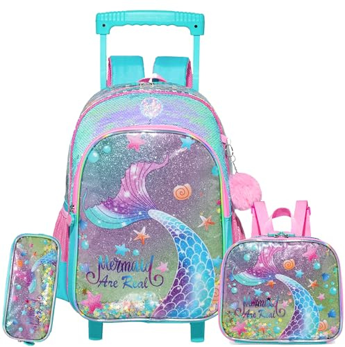 HTgroce Flicka rullande väska 42cm Flicka rullande väska Siren Flicka rullande väska Primary Kindergarten 3 i 1 barn rullande väska Inkluderar lunchväska och pennfodral.