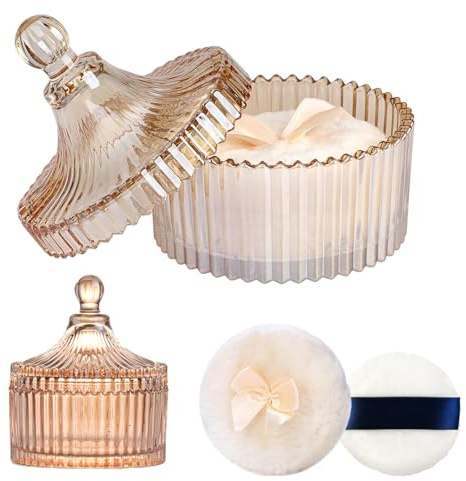 Botes de Polvo de Cristal, Borla y Recipiente para Polvos Corporales, Lata para Polvo de Bebé, para Bebés y Mujeres, para Regalos y Viajes (Polvos No Incluidos, Color Ámbar)