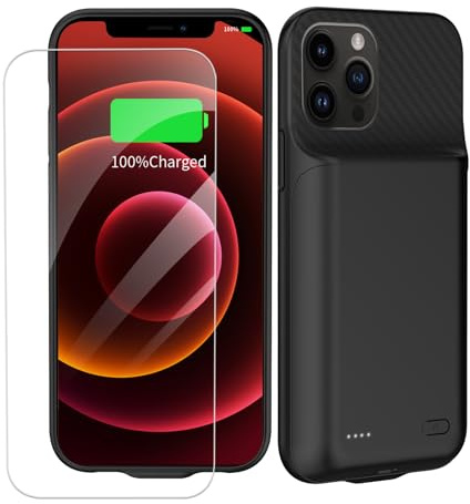 FLSTOR Funda de batería para iPhone 12/12 Pro de 6.1 pulgadas, 13800 mAh de alta capacidad, funda de carga de batería recargable con protector de pantalla, color negro