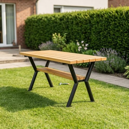 REKORD Mesa de jardín maciza, 170 x 65 x 74 cm, resistente a la intemperie, de acero y madera, robusta mesa de terraza para jardín, parque y gastronomía, mesa de comedor estable al aire libre