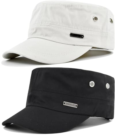 ZXTGBQ 2 Pièces Casquette Militaire pour Homme, CCasquette Homme Vintage Casquette Militaire Réglable Armée Chapeau, CCasquette Blanche Hommee, Coton Lavé Vintage Plat Chapeau, Ajustable pour Hommes