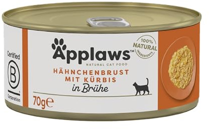 Applaws 100% Natural Comida Húmeda para Gatos Adultos, Pechuga de Pollo con Calabaza para Gatos Adultos - Paquete de 24 latas de 70g