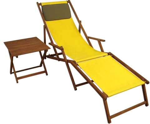 Liegestuhl gelb Fußablage Tisch Kissen Deckchair Sonnenliege Gartenliege Holz 10-302 F T KD