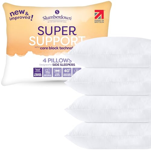 Slumberdown Super Support Pillows 4 Pack - Firm & Supportive Pillow for Side Sleepers, Reduces Neck & Shoulder Pain | Foam Block, UK-Made, Non-Allergenic & Washable (48 x 74cm)