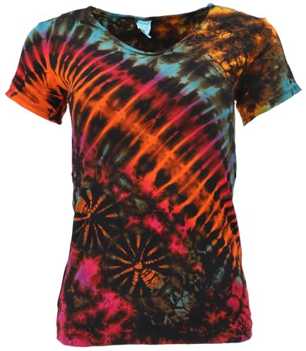 Batik Hippie-t-shirt med V-ringning, unik boho batikskjorta – svart/toppar och t-shirts, Svart, flerfärgad, 38