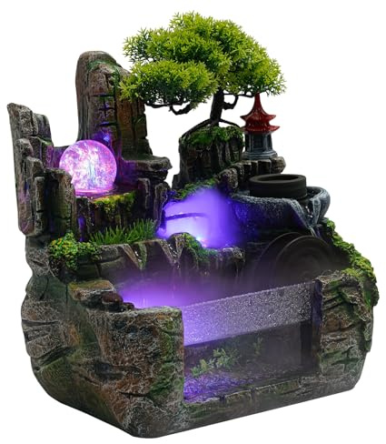 Indoor Rockery Fountain Goldfish Tabetop Waterfall with Atomizer & LED Light,Feng Shui Desktop Water Fountain Decoration,Perfect for Office, Home, Bedroom Desk