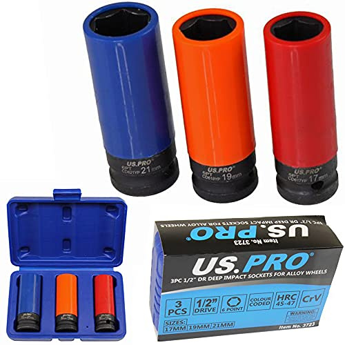 US Pro 3PC 1/2''Dr Deep Impact Sockets for Alloy Wheels 17 19 21mm Thin Wall