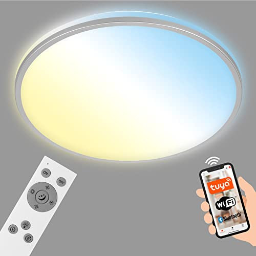 BRILONER - LED Deckenlampe flach Smart Home, funktioniert mit Alexa, Fernbedienung, Lampe, Deckenleuchte, Wohnzimmerlampe, LED Panel, Schlafzimmerlampe, 49x7,7 cm, Chrom-Matt
