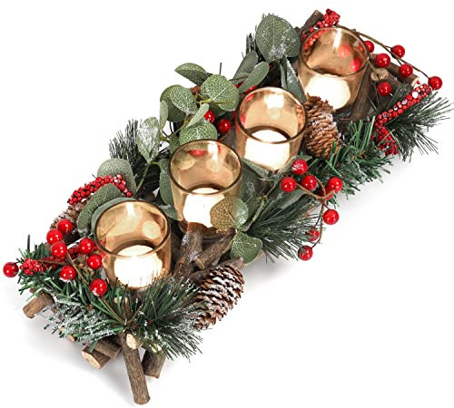 Belle Vous Adventskranz mit Teelichter - 13 x 37 cm - 4 Gläser - Kerzenhalter mit Deko Beeren & Tannenzapfen - Teelichthalter für Zuhause, Hochzeit & Weihnachtsdeko