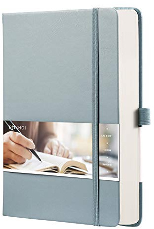 EMSHOI A5 Notebook, Hardcover Dotted Journal, 256 Pages, 120GSM, Gray Blue | 120GSM Thick Paper, Leather Notepad with Pen Holder, Back Pocket for Women Men Journaling, 21.4 x 14.5 cm