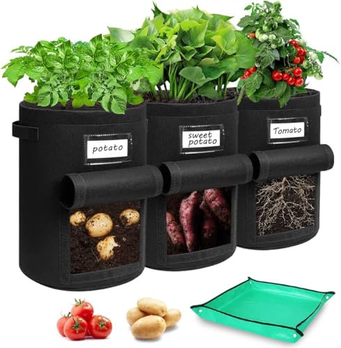 Airminti 3 Stück Kartoffel Pflanzsack 27L, 7 Gallonen Vliesstoff Kartoffelsack mit Sichtbarer Klappe & Arbeitsmatte, Wiederverwendbare Pflanzsäcke mit 10 Namensetiketten für Kartoffeln,Tomaten,Blumen