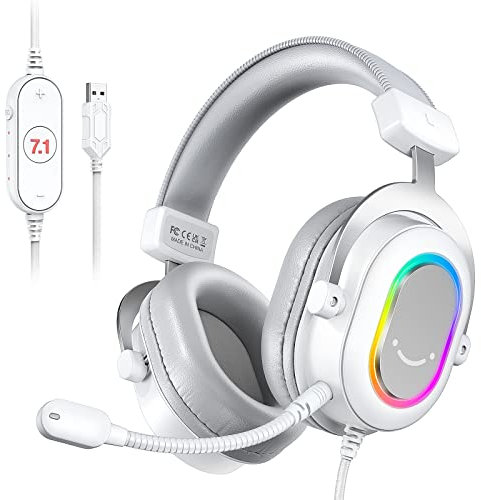 FIFINE USB Gaming Headset, PC Headphones Wired with Microphone for Computer/Laptop, Over-Ear RGB Headset with 7.1 Surround Sound, Noise Cancellation for Streaming Video Game- AmpliGame H6 (White)