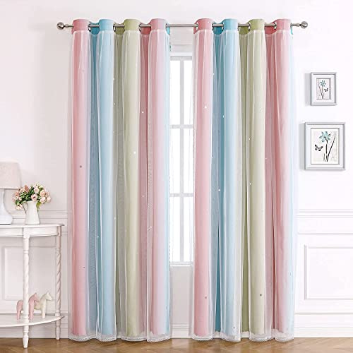 Blackout Curtains for Bedroom Living Room Kids Nursery Girls,Net Curtains for Windows,2 Panel 46 x 54 inch Drop Soundproof Black Out Curtains Eyelet Voile Curtain Thermal Lined Pink Green