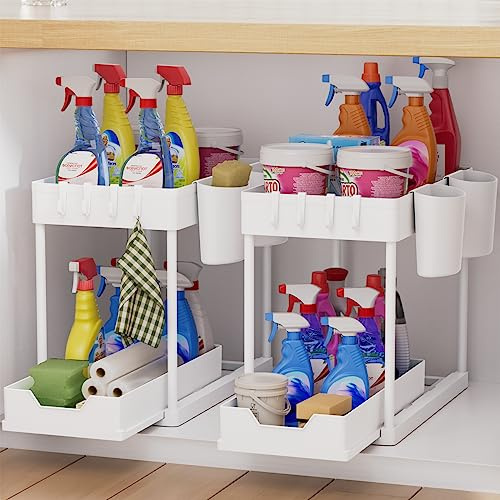 AIXPI Küchen Organizer 2 Etagen, Unter Waschbecken Regal mit Haken und Tasse Gewürzregal Spülschrank Organizer Küchenregal Schrank Organizer für Badezimmer Küch (Weiss 2 Set)