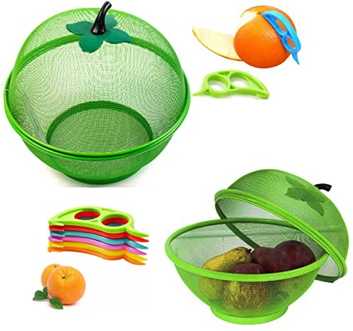 1 Green Fruit Bowl & Citrus Peeler -Handled Wicker Fruit Basket, Wicker Fruit Bowl, Wicker Bread Basket, Decorative Woven Table Piece (Green Fruit Basket)