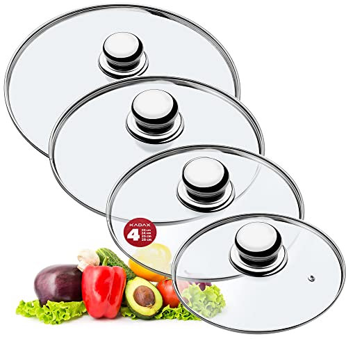 KADAX Set di coperchi universali in vetro con maniglia, set di coperchi resistenti al calore in diverse misure, coperchio in vetro per pentola, padella (20 + 24 + 26 + 28 cm, manico in metallo)