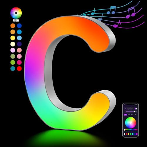LED Buchstaben Lichter Alphabet, Led Leuchtbuchstabe Farblich Veränderbar mit USB-Netzteil, APP-Kontrolle, Dimmbar, Dekoration für Geburtstag Weihnachten Hochzeit Party Muttertag - Buchstaben C