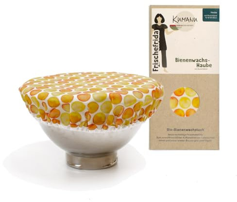 Kumanu | Bio-Bienenwachstuch - Frischhalte-Haube FRISCHEFRIDA | natürliche Frischhaltefolie mit dem Extrahalt | für Schalen von 22-26cm Durchmesser |handgemacht in Tirol (gelbe Kreise)