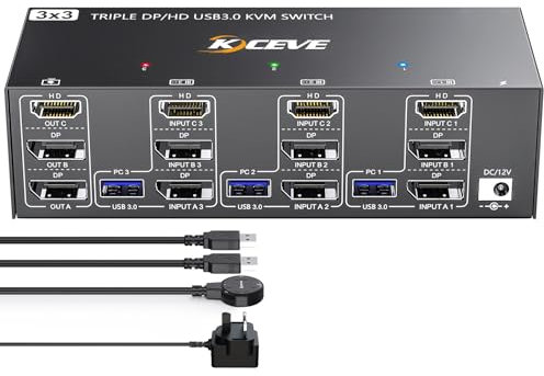 YOUTINGHDAV KVM Switch 3 Monitors 3 Computers HDMI+DP+DP 8K@60Hz 4K@144Hz, USB 3.0 KVM Switch Triple Monitor for 3 Computers Share Mouse Keyboard, Wired Remote and 3 USB Cable