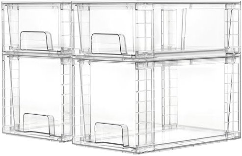 Vtopmart 4 Pack Clear Stackable Storage Drawers,Easy to Assemble Bathroom Organizers and Storage with handles,Plastic storage drawers for Kitchen Pantry,Cabinet,Under Sink Organization.