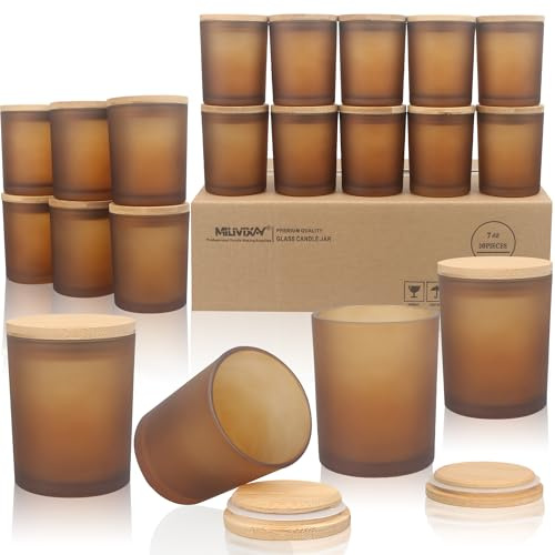 MILIVIXAY Paquete de 20 tarros de 7 onzas de vidrio esmerilado de ámbar grueso con tapas - Tarros de vela vacíos a granel para hacer velas - Envases para especias y polvo.