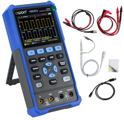 OWON Handheld Oscilloscope, Digital Multi Functional Oscilloscope Multimeters,20000 Counts Portable 3 in 1 Universal Test Instrument, with 3.5 inch LCD Screen Display 2CH 25Mhz Bandwidth HDS25S