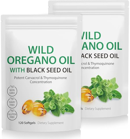 Oregano Oil Softgels, Oil of Oregano with Black Seed Softgels, 120 Count 2 in 1 Formulated with Wild Oregano 6000mg & Black Seed 200mg,Plant Based, Non-GMO & Immune Support -2PCS
