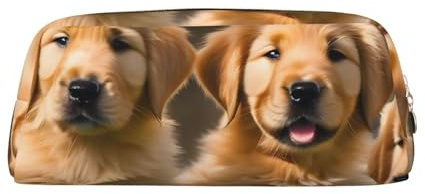 YQxwJL Golden Retriever Hunde Welpen Tiere Druck große Kapazität Federmäppchen, Schlamperetui mit Reißverschluss, Durable Leder Federmappe für Büro, Reisen