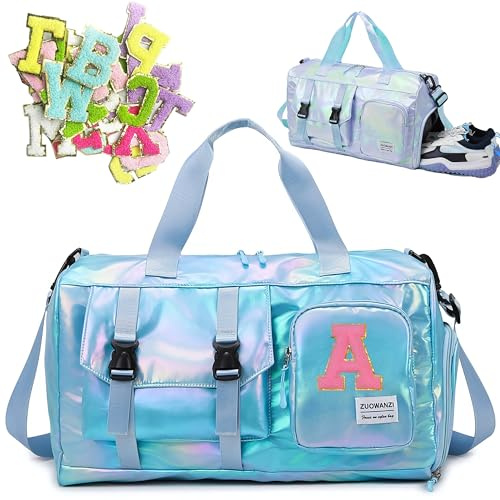 Bolsa de Viaje,Bolsa Deporte Mujer,Bolsa de Deporte,Mochila Gimnasio Hombre con Compartimento Zapatos y Compartimento Mojado,26 Parches de Letras de Chenilla A-Z