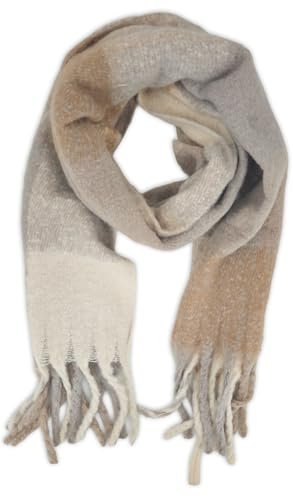 styleBREAKER Women's Woven Scarf with Checked Pattern, Long Scarf with Thick, Long Fringes, Soft Winter Knitted Scarf, Warm Material Stole, Beige-light brown-cream, One Size