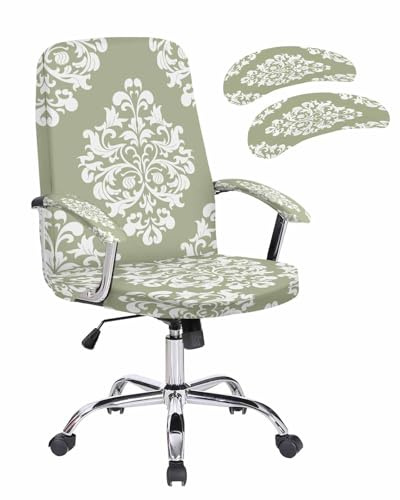 Ldtrchee Baroque Sage Green Office Chair Covers with Armrest Covers, Rotating Chair Cover, Vintage Damask Classic Floral Gaming Chairs Slipcovers with Elastic Bottom for Armchair, Medium
