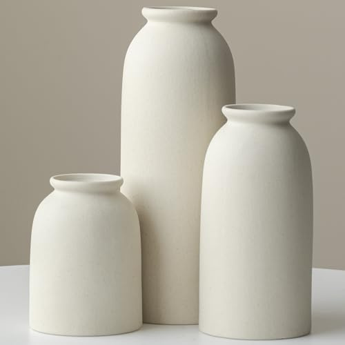 Large Ceramic Vases Set of 3, Beige, Rustic Farmhouse Style, 26.5cm Tall, 10cm Width, Decorative Flower Vases for Home Decor and Table Centrepieces (XXL Beige)