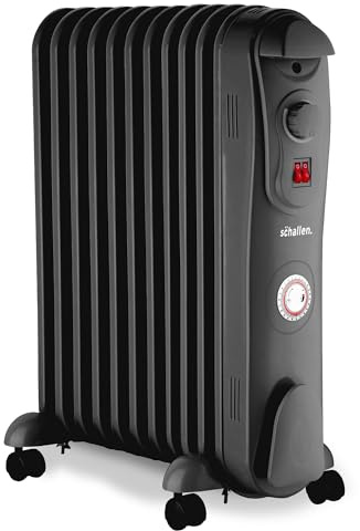Schallen 2500W 11 Fins Black Portable Electric Slim Oil Filled Radiator Heater with Timer and Adjustable Temperature Thermostat, Modern Fast Home Heating (Black, 2500W)