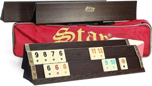 Semus Premium Holz Rummy/Okey Set – Dunkles Ahsap Okey Takimi mit handbemalten Melamin-Steinen, 104 Spielsteine, 2 Joker, 4 Aufsteller, Würfel, Tragetasche & Zubehör