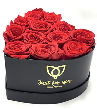 12 Rosas Rojas preservadas en Caja Regalo Corazón Negra Día de la Madre - Rosas eternas San Valentín - Flores preservadas rojas