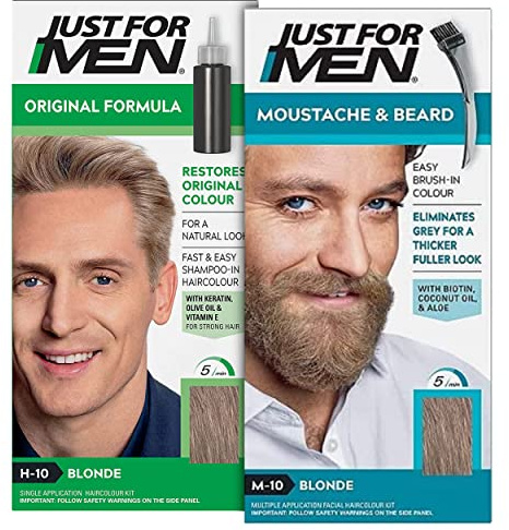 Just for Men Original Formula Sandy Blonde Hair Dye, Natural Look – H10 & Just for Men Moustache & Beard Sandy Blonde Dye, Eliminates Grey – M10