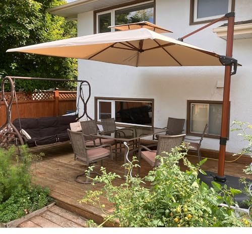 PURPLE LEAF Parasol De Jardin Extérieur XXL, Parasol Déporté 2,7 x 3,65 m Rectangulaire, Grain de Bois en Aluminium, Toit à Double Rotatif 360°, Anti-UV, Pour Terrasses, Piscines, Patio, Beige