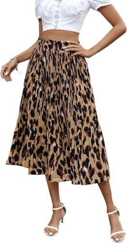 Parabler Damen Sommerrock Elegante Midi Rock Chiffon Leoparden Maxirock Elastische Taille Flatenrock Frühling Sommer Strandrock mit Taschen S