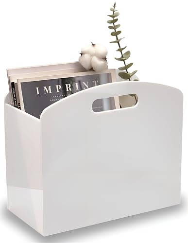 Meicloud White Magazine Holder - Acrylic Magazine Rack Floor, Newspaper Stand with handles, Modern Lucite Magazine and Book Basket Box for Bathroom, Bedroom, Living Room
