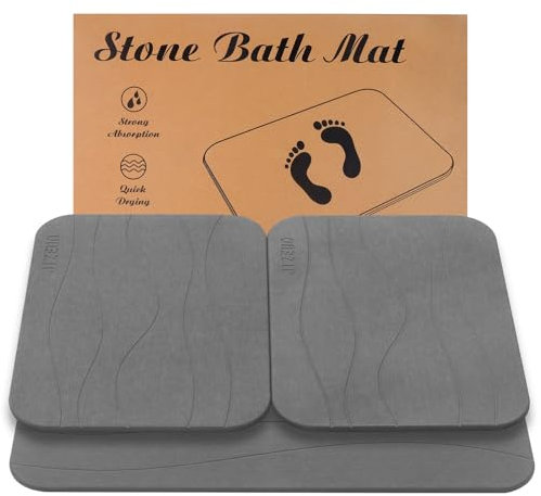 JIZEUO Stone Bath Mat, Set of 3,Diatomaceous Earth Shower Mat, Non-Slip Super Absorbent Quick Drying Bath Mat for Bathroom Floor, Grey